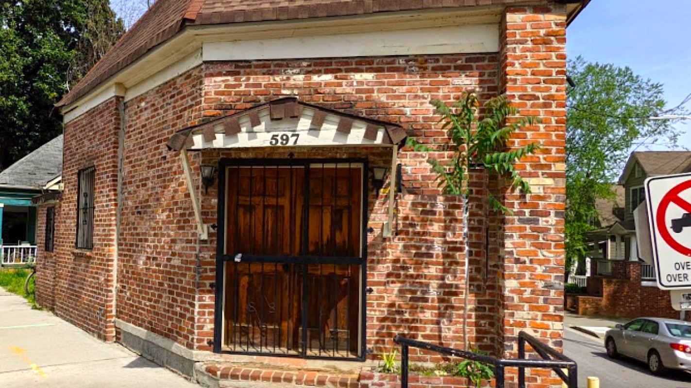 The wedge-shaped former church at 597 Auburn Avenue in Old Fourth Ward