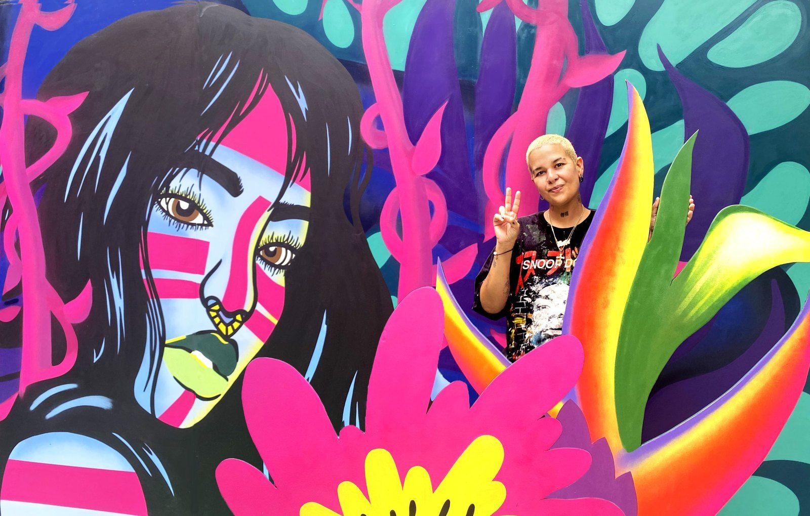 Taino Night Glow, an illuminated mural installation by Puerto Rican muralist ARRRTADDICT for ART IN THE PARK at Woodruff Park