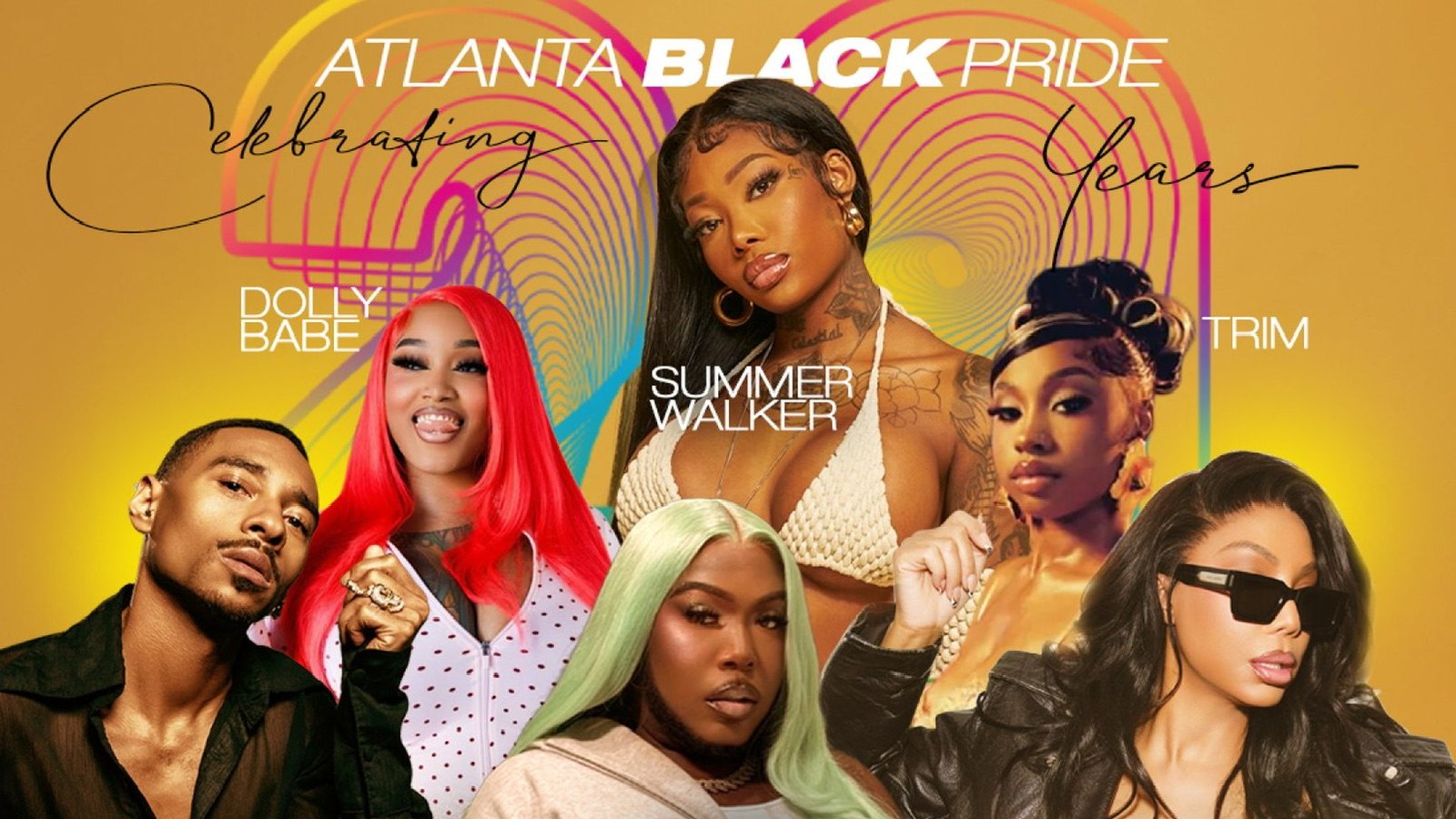 Atlanta Black Pride Weekend 2026 lineup graphic celebrating 20 years, featuring Summer Walker, Dolly Babe and Trim