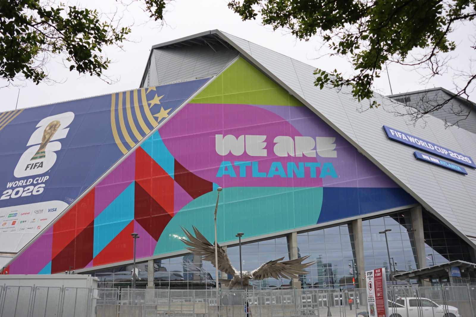 Mercedes-Benz Stadium exterior wrapped in 2026 FIFA World Cup branding