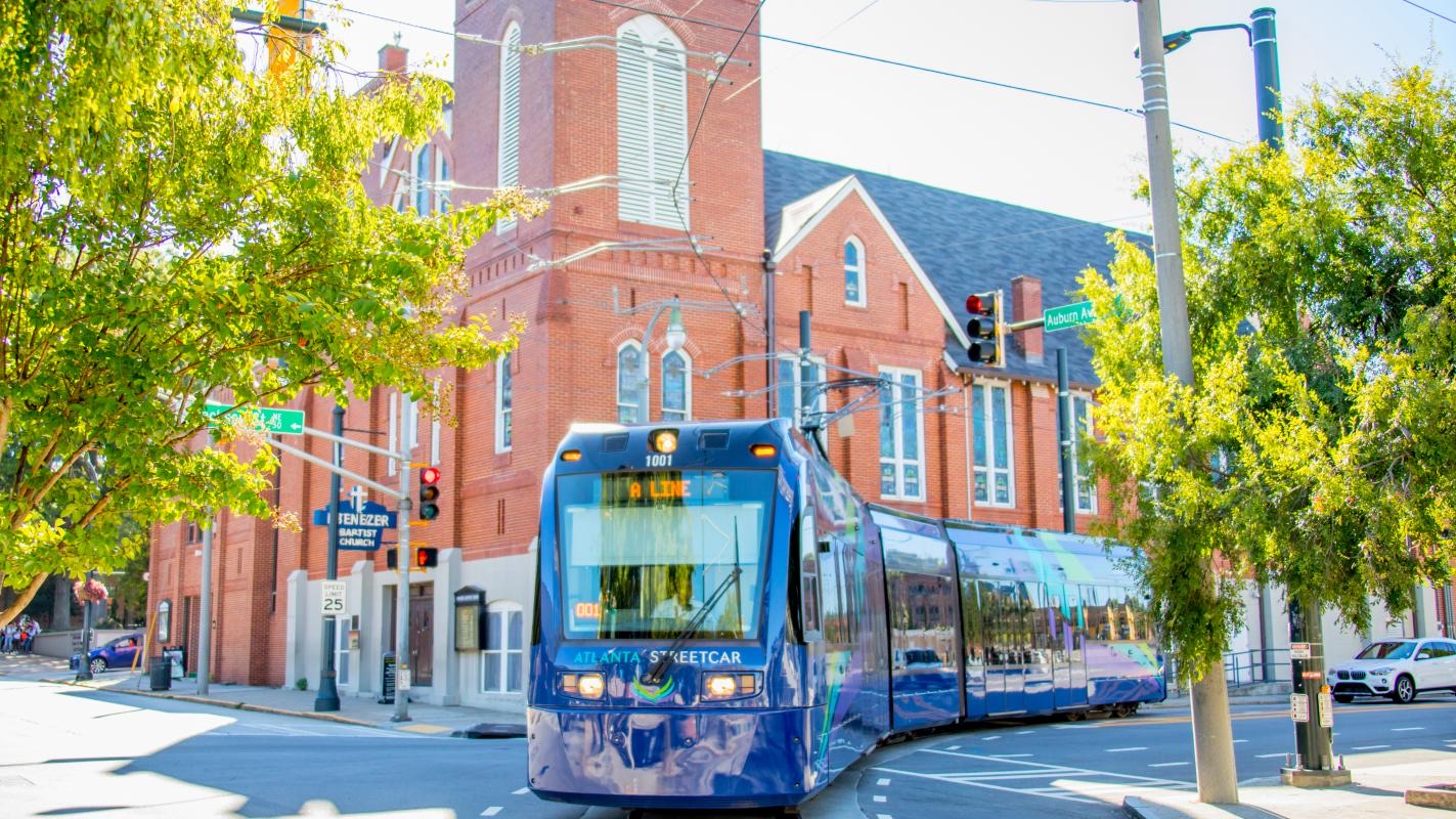 An Atlanta Streetcar vehicle on its downtown loop
