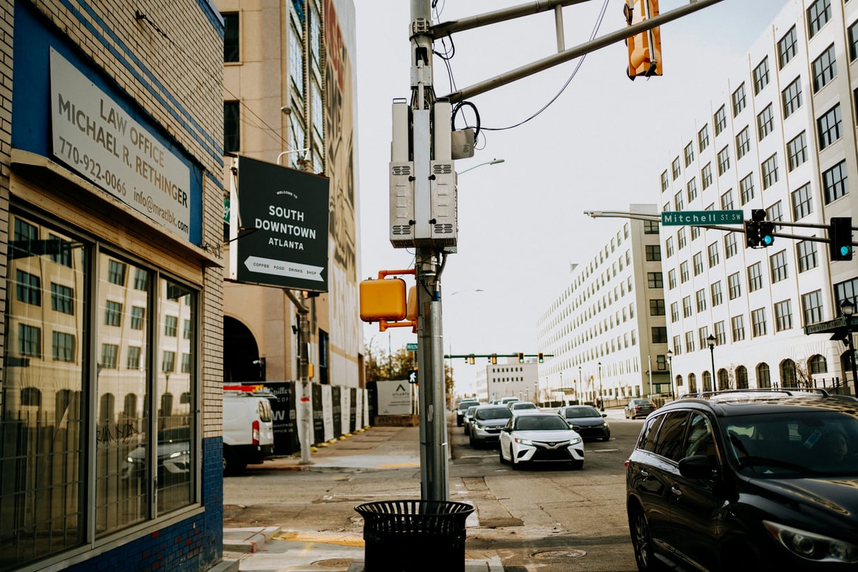 South Downtown Atlanta street view ahead of redevelopment, Mercedes-Benz Stadium in background