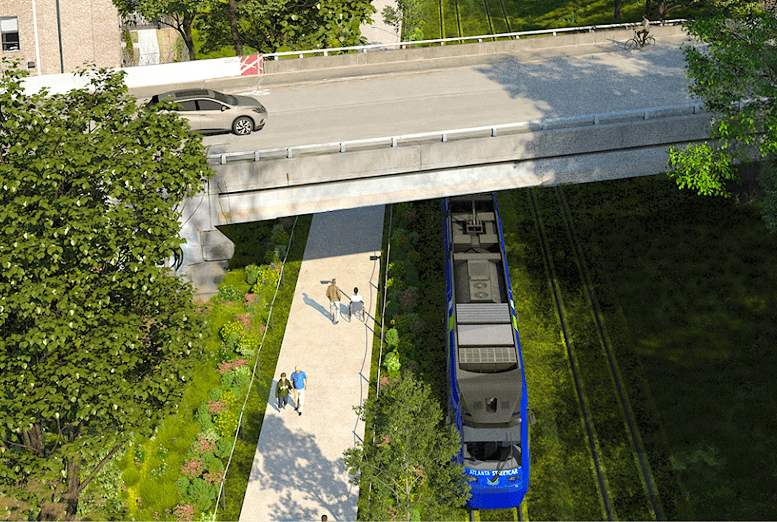 Rendering of a Beltline light rail vehicle running beneath the Berne Street bridge beside a multiuse trail