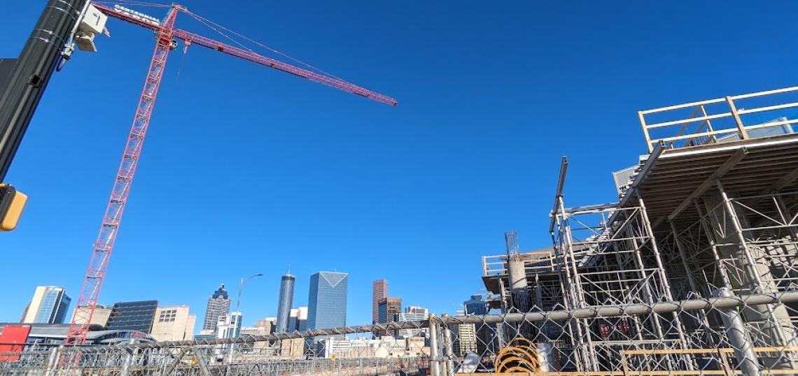 Centennial Yards construction site, first tower rising above viaduct level