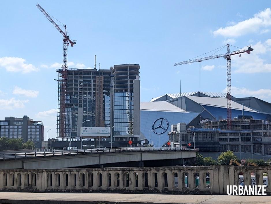Centennial Yards tower construction seen from the east across the Gulch in August 2024