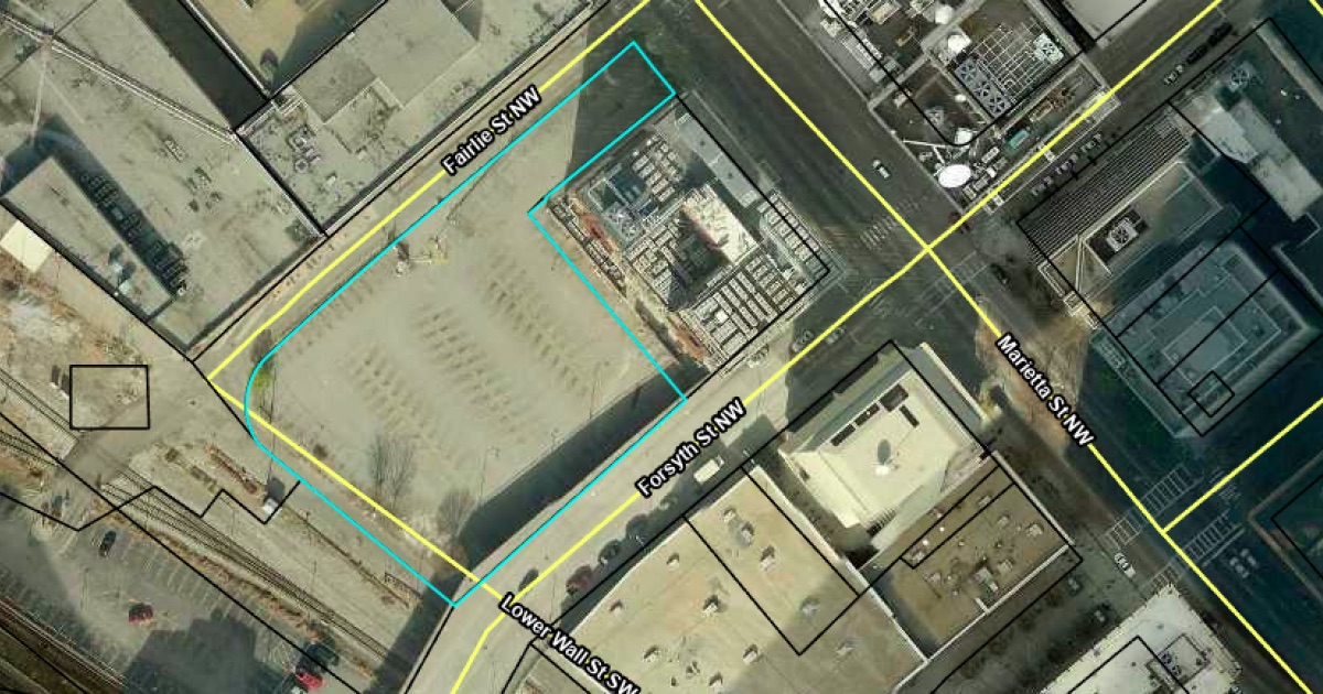 The surface parking lot at 10 Forsyth Street NW in downtown Atlanta proposed for a data center