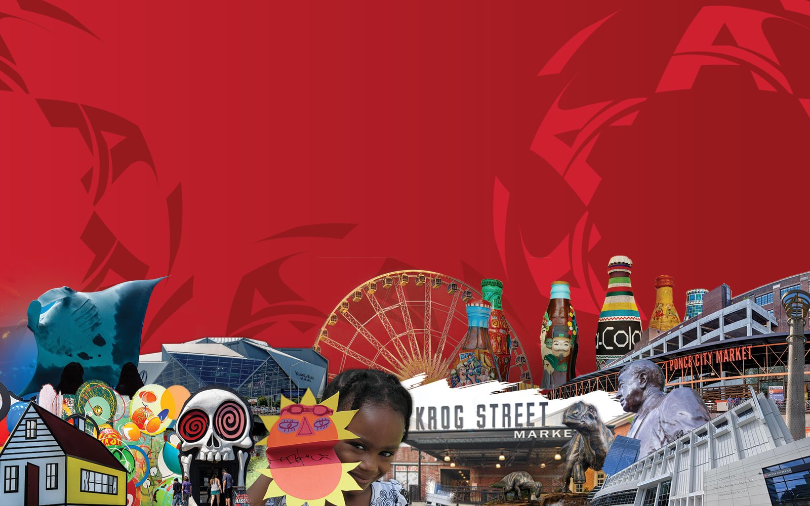 Discover ATL Hop & Ride shuttle promotional banner featuring Ponce City Market, Krog Street Market and downtown Atlanta landmarks