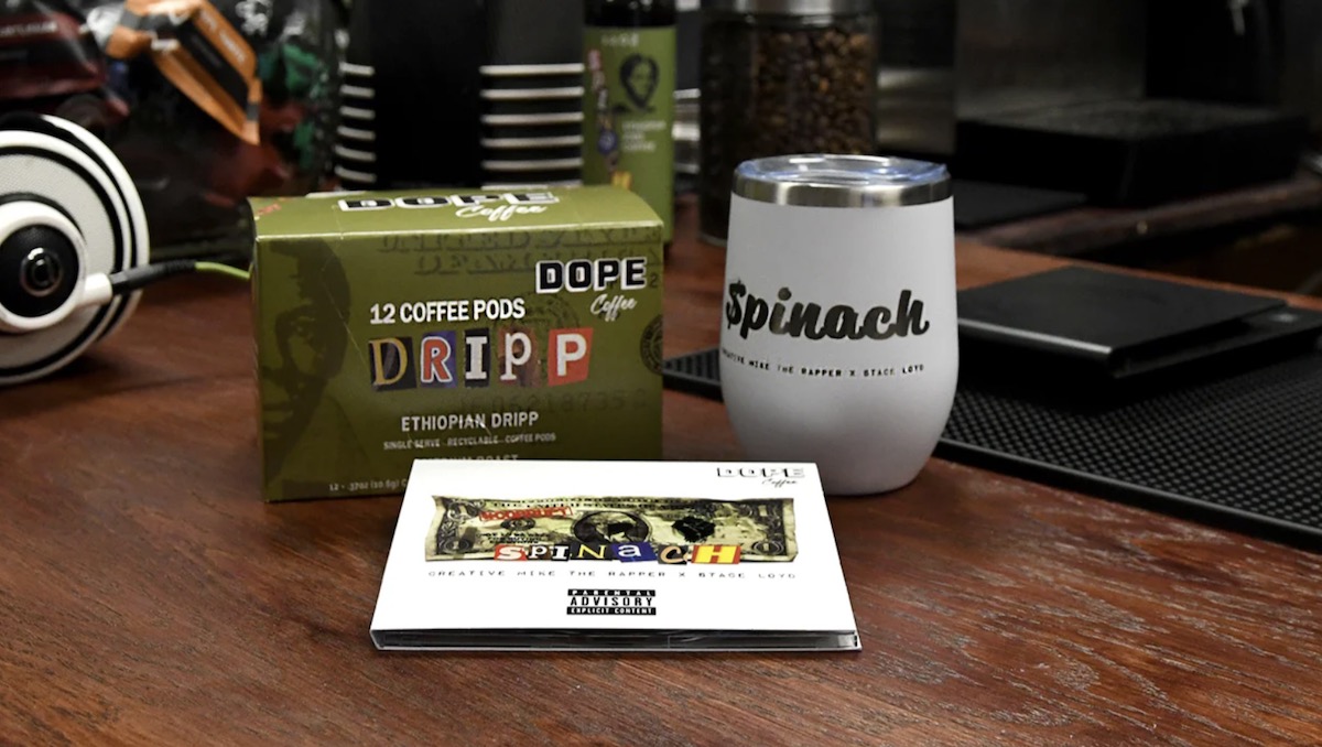 Dope Coffee branding and cafe counter, the hip-hop-inspired Atlanta specialty coffee brand.