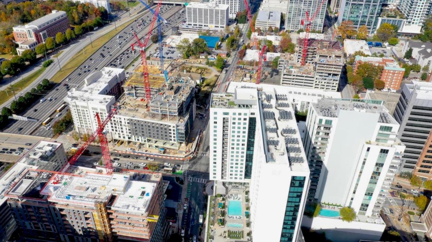 Aerial view of new apartment towers across intown Atlanta
