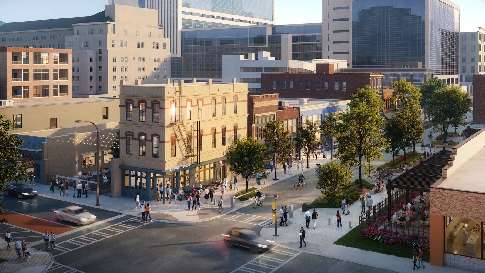 Rendering of the South Downtown plaza near 115 Broad St. SW, with historic buildings, towers, a pedestrian walkway and street trees