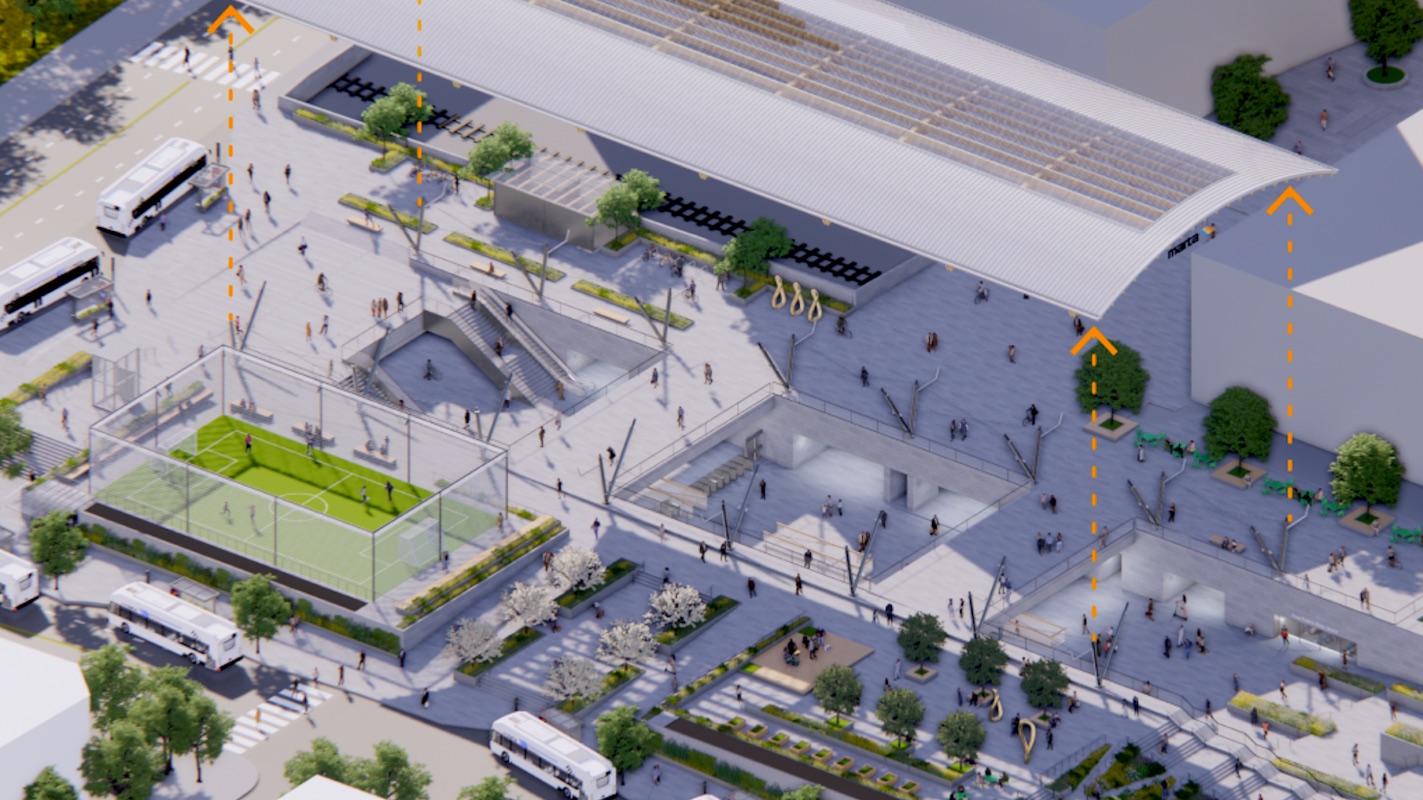 Rendering of the reopened Five Points MARTA station entrance in downtown Atlanta