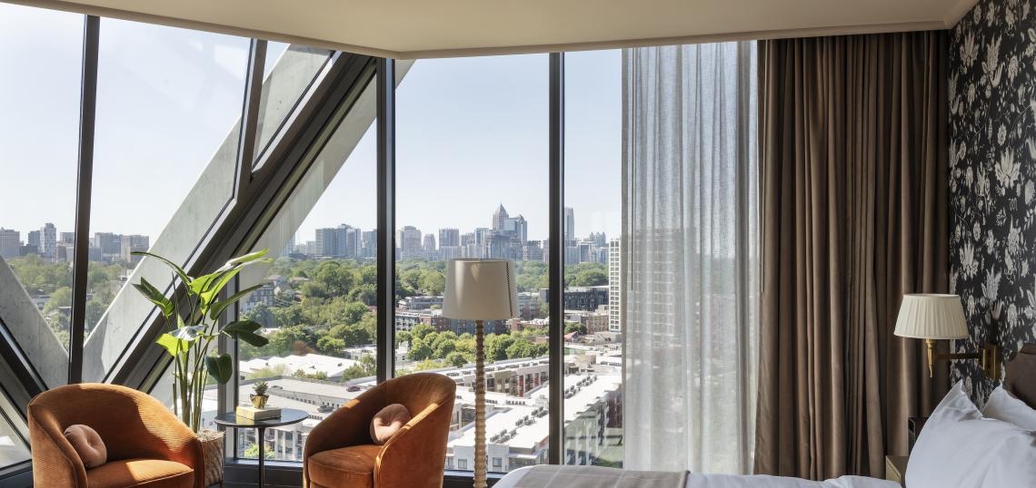 A guest suite inside Forth Atlanta, the new boutique hotel in Old Fourth Ward