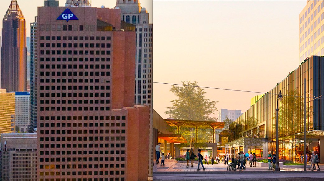Georgia-Pacific Center tower beside a rendering of the cancelled Peachtree Street plaza and retail plan