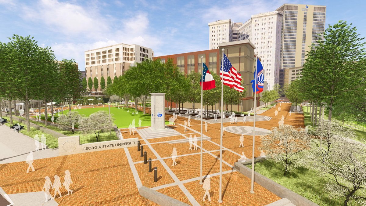 Rendering of Georgia State University Panther Quad plaza with flagpoles and the Sparks Column
