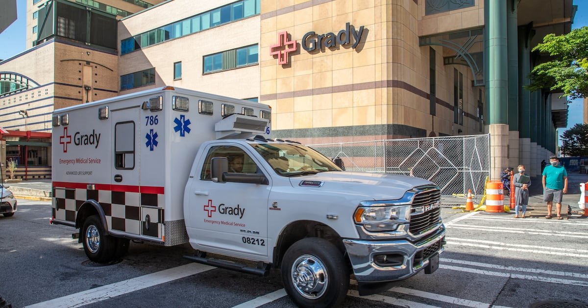 A Grady Emergency Medical Service ambulance outside Grady Memorial Hospital in downtown Atlanta