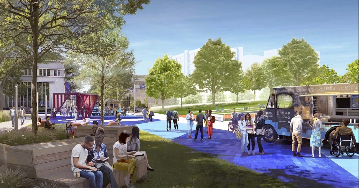 Cleared site at 33 Gilmer Street where Georgia State University's 1955 Sparks Hall stood, now planned as the Panther Quad greenway near Hurt Park in downtown Atlanta.