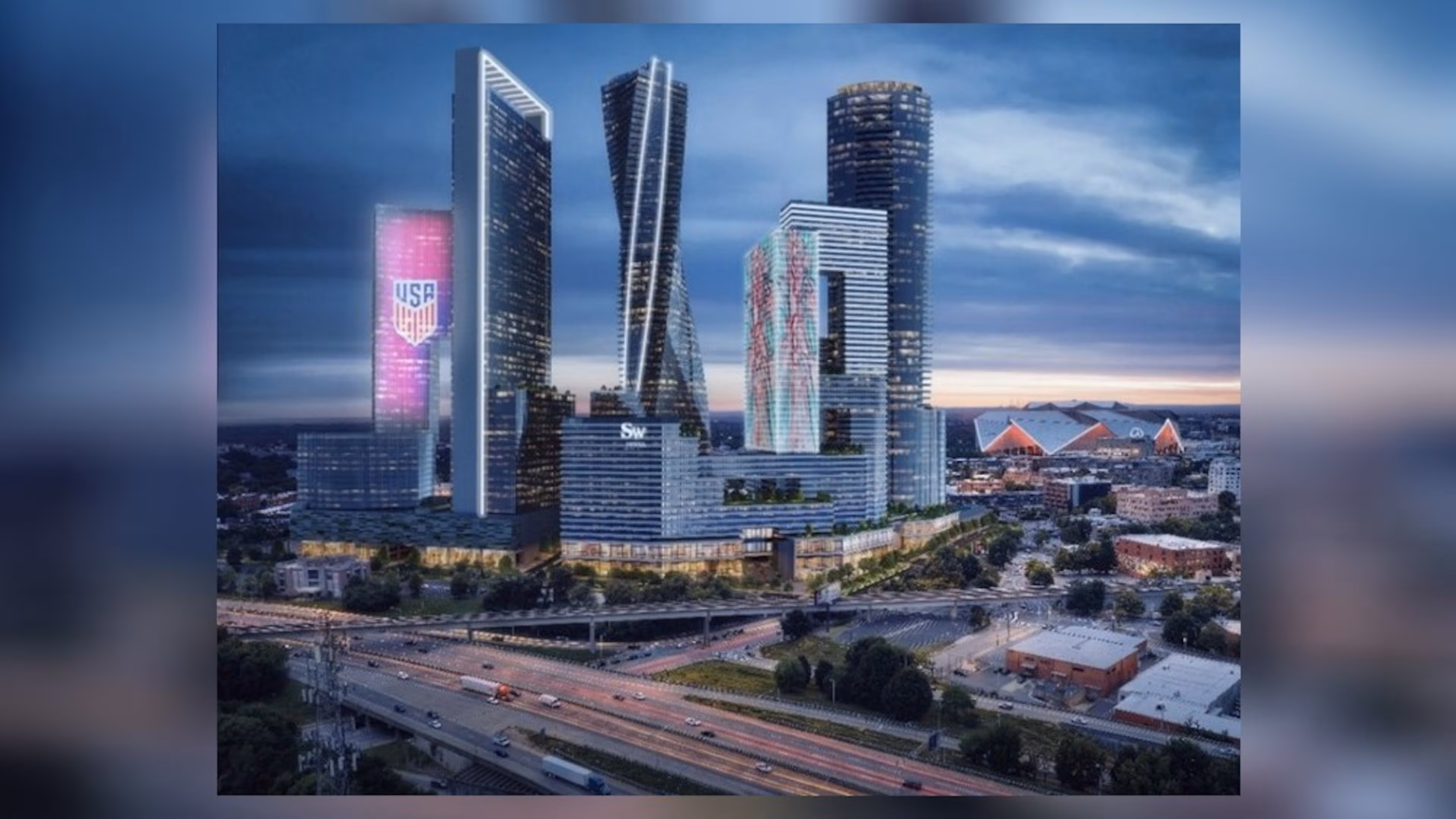 Rendering of the Forge Atlanta project showing a 10-acre site between downtown Atlanta and Castleberry Hill with high-rise development