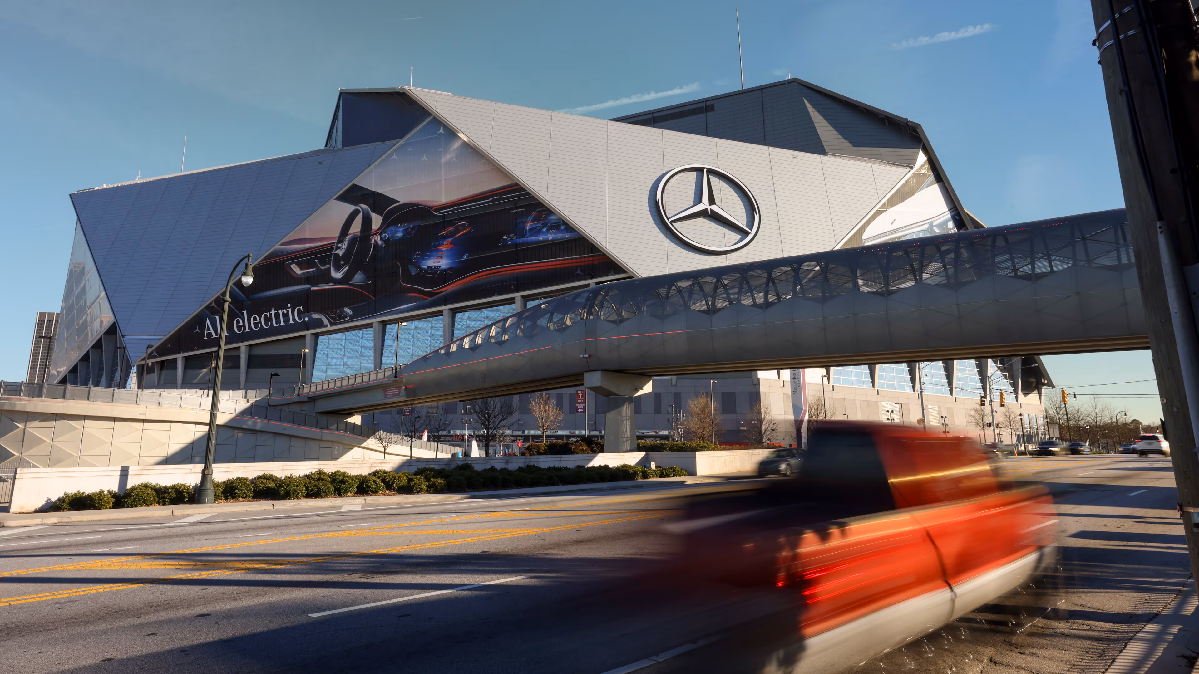 Mercedes-Benz Stadium shown on Northside Drive in Atlanta, which will be referred to as Atlanta Stadium during the 2026 World Cup due to FIFA's prohibition on corporate sponsor names.