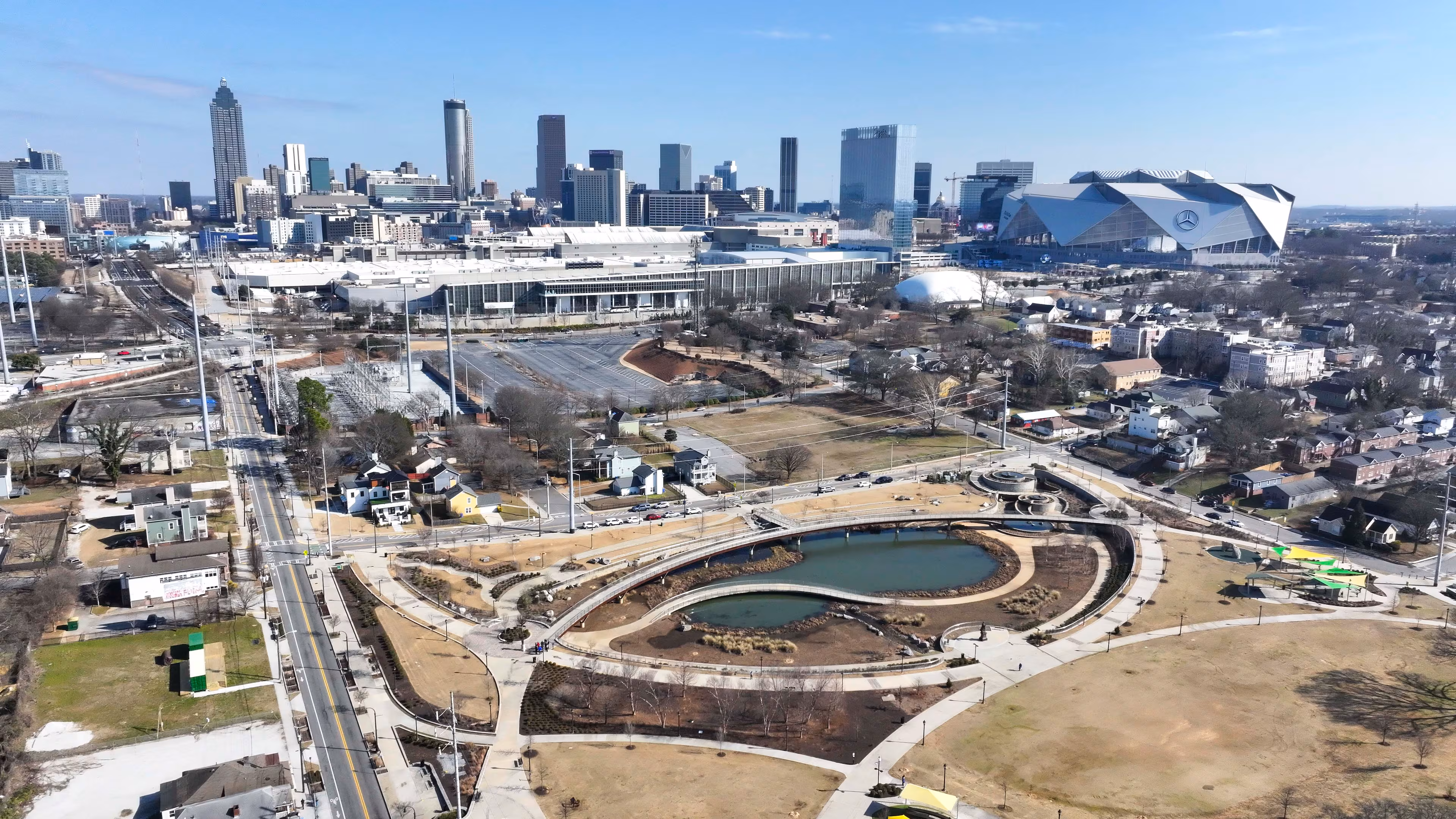 A drone image shows Rodney Cook Sr. Park in Vine City on Monday, Feb 9, 2026. The park officially opened to the public on June 29, 2021. The infrastructure, which began construction in 2017, was designed to address chronic neighborhood flooding.