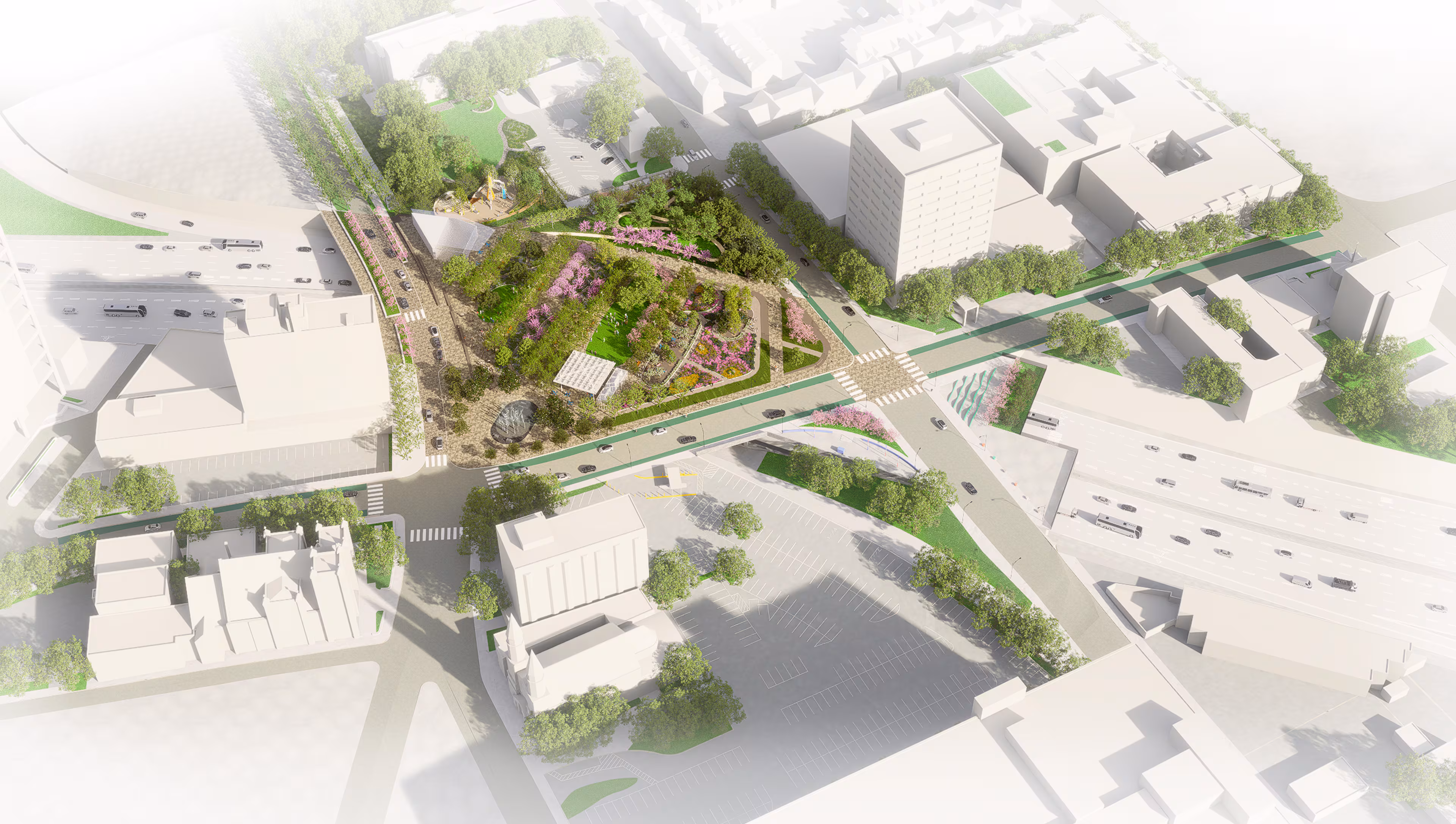 Aerial rendering of the first phase of the Stitch in downtown Atlanta, showing green spaces, pavilions, and gardens atop the Downtown Connector interstate corridor