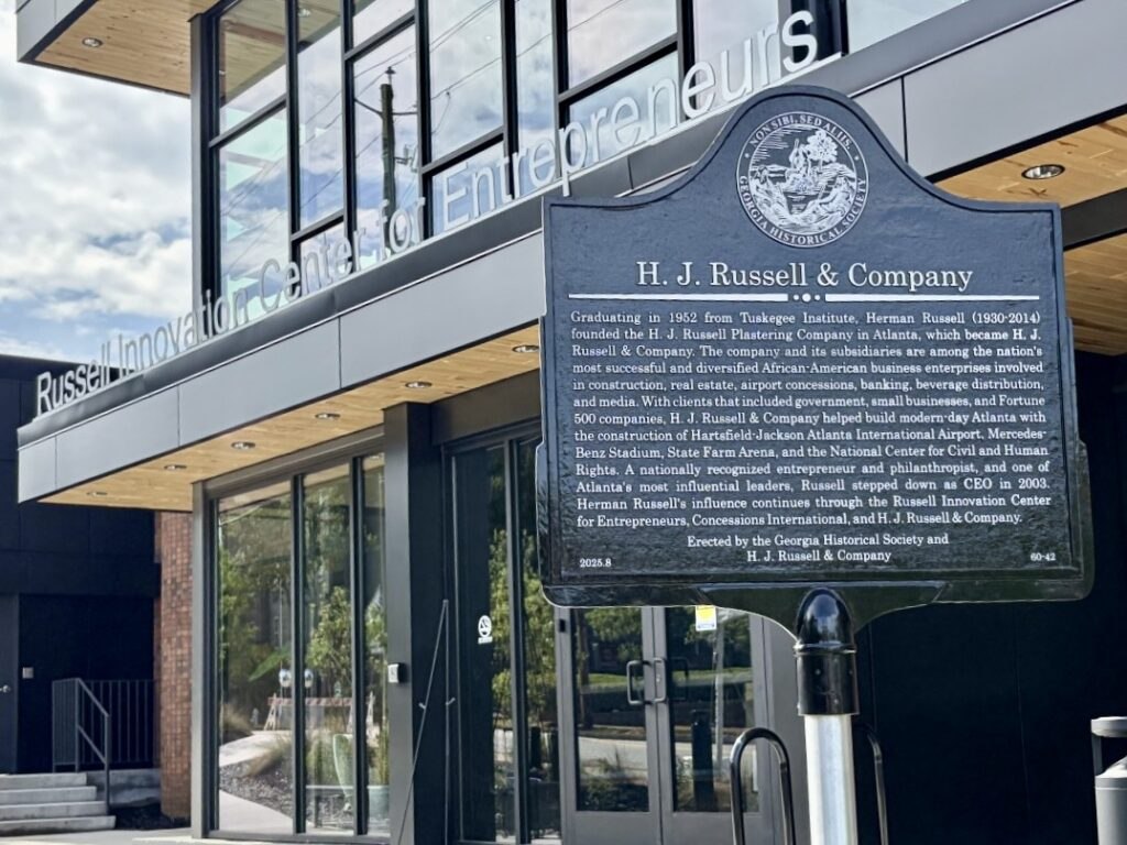 The Georgia Historical Society marker for H. J. Russell & Company in front of the Russell Innovation Center for Entrepreneurs (photo: Elyse Butler, Georgia Historical Society)