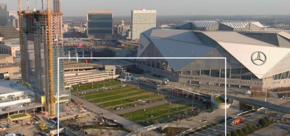 Home Depot Backyard greenspace next to Mercedes-Benz Stadium