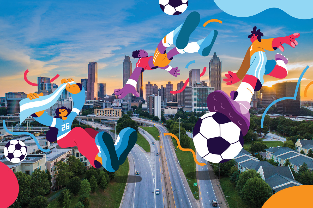 Soccer fans and players illustrating Atlanta's rise as a soccer city ahead of the 2026 World Cup.