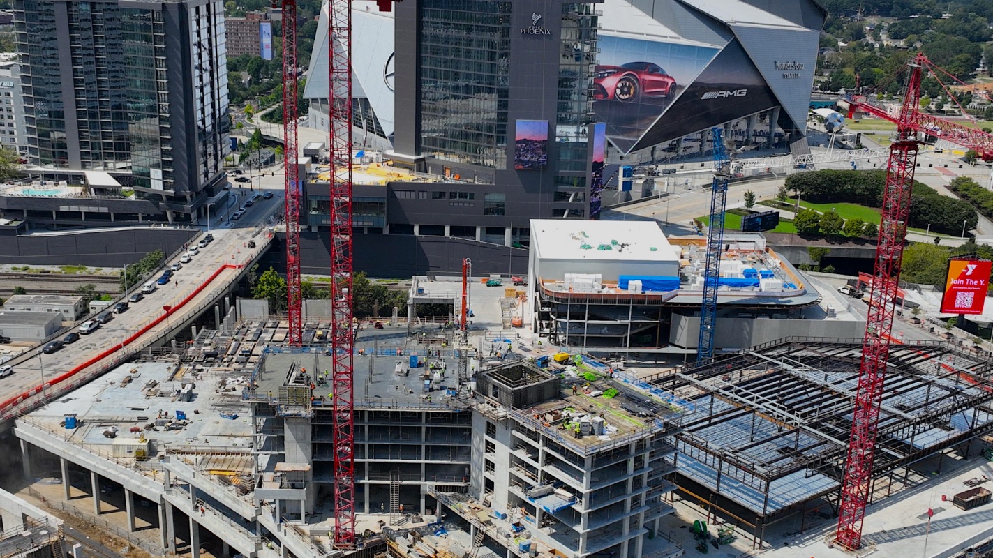 Rendering of the Entertainment District under construction at Centennial Yards