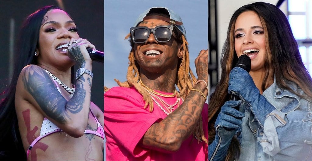 Side-by-side performance photos of GloRilla and Camila Cabello holding microphones, with Lil Wayne in sunglasses between them