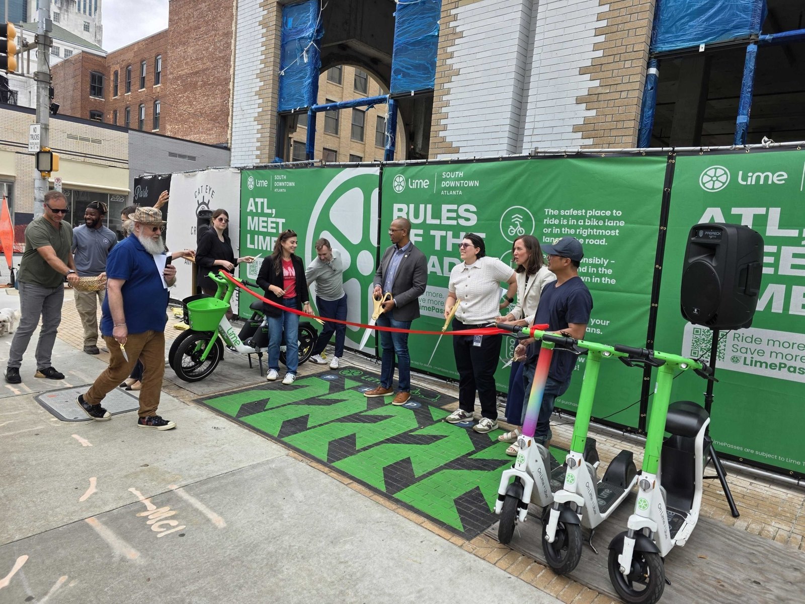 Lime artist-designed scooter and bike corral at Ted Turner Drive SW and Mitchell Street in South Downtown Atlanta