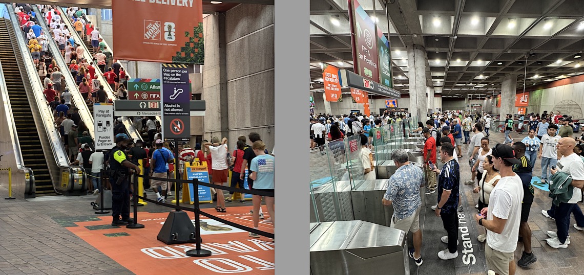 Two views of a crowded MARTA station during the World Cup: fans riding escalators past FIFA signage, and riders queueing at faregates beneath Fan Festival banners.