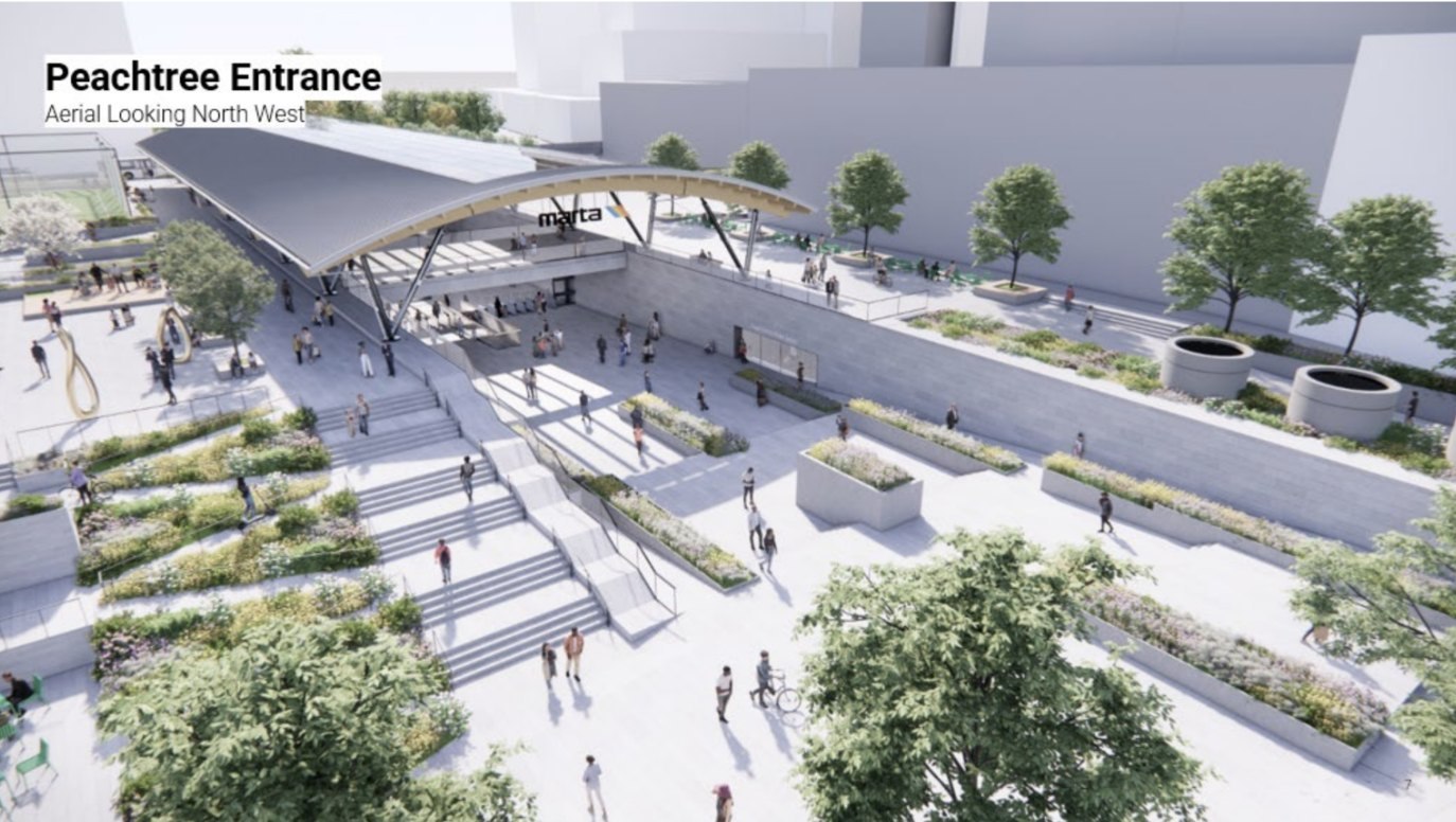 MARTA concept rendering of the redesigned Five Points station Peachtree entrance, with a new curved canopy, terraced steps and planted plaza