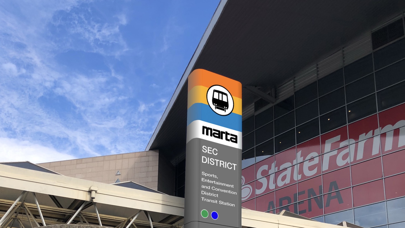A new MARTA pylon sign for SEC District station outside State Farm Arena