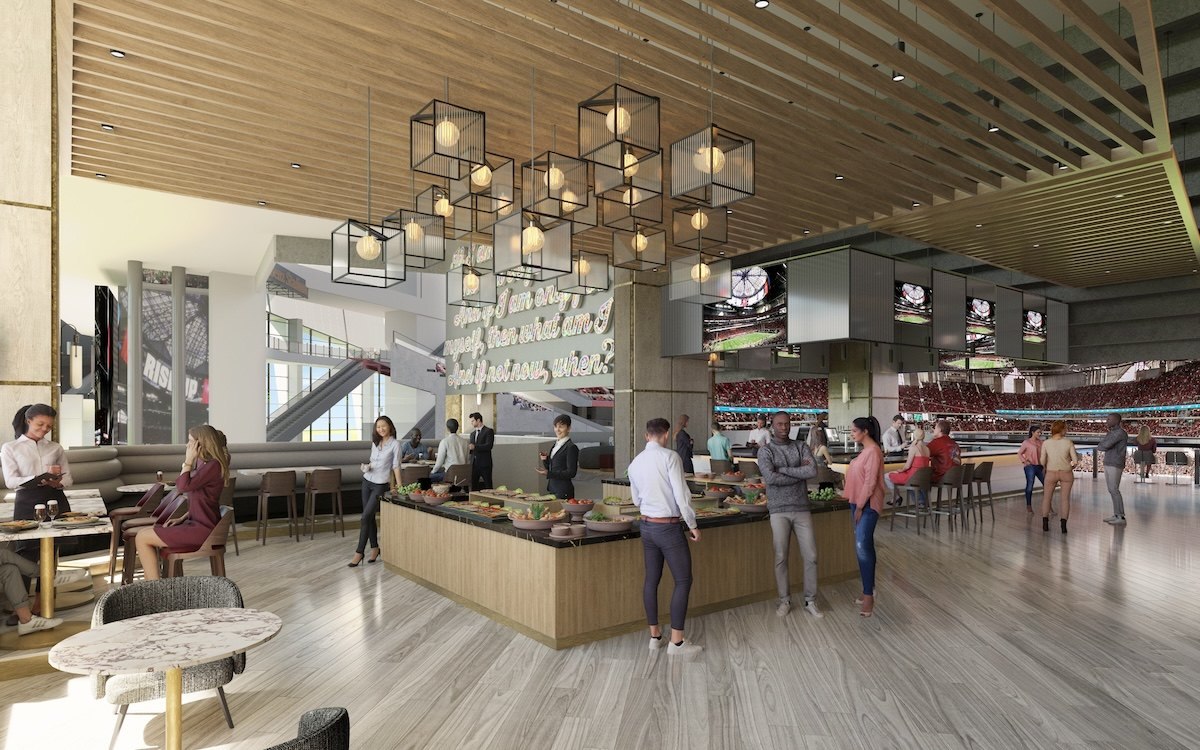 Rendering of a new premium lounge inside Mercedes-Benz Stadium with a food station, pendant lights, bar screens and a view of the seating bowl