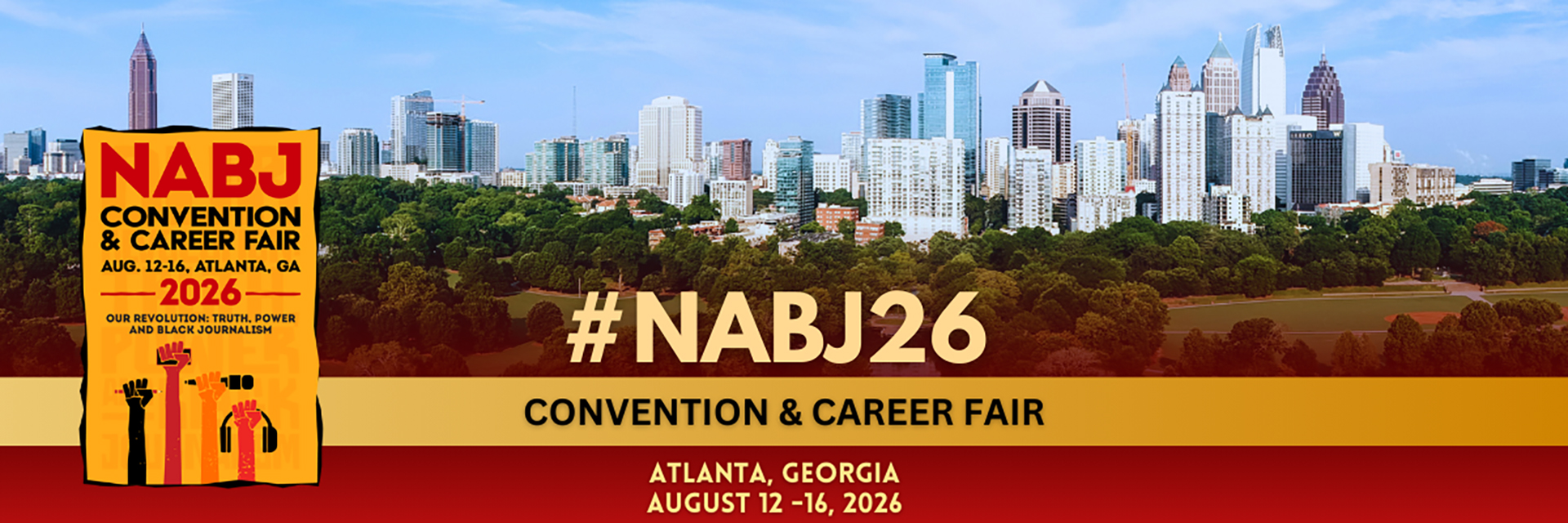 Official NABJ26 Convention and Career Fair banner art, Atlanta skyline, August 12-16 2026