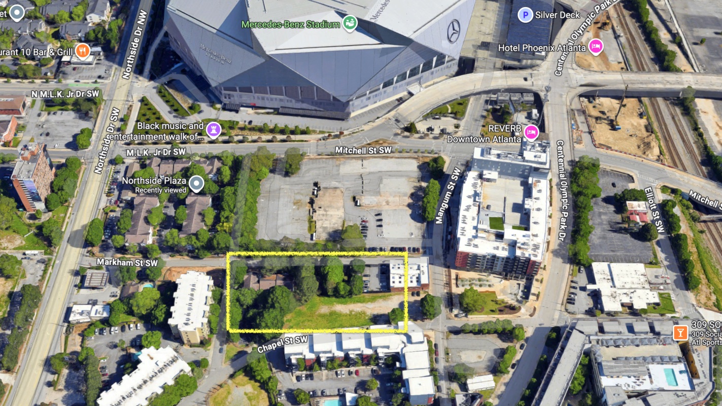 The Northside Plaza apartments block south of Mercedes-Benz Stadium