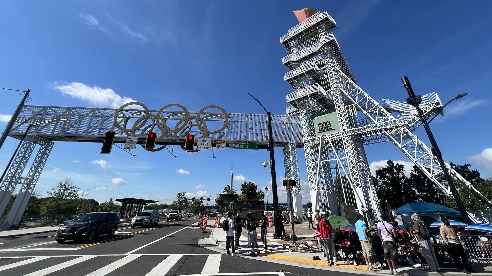 The 1996 Olympic rings bridge, tower and cauldron at Fulton Street and Hank Aaron Drive in Summerhill, Atlanta.