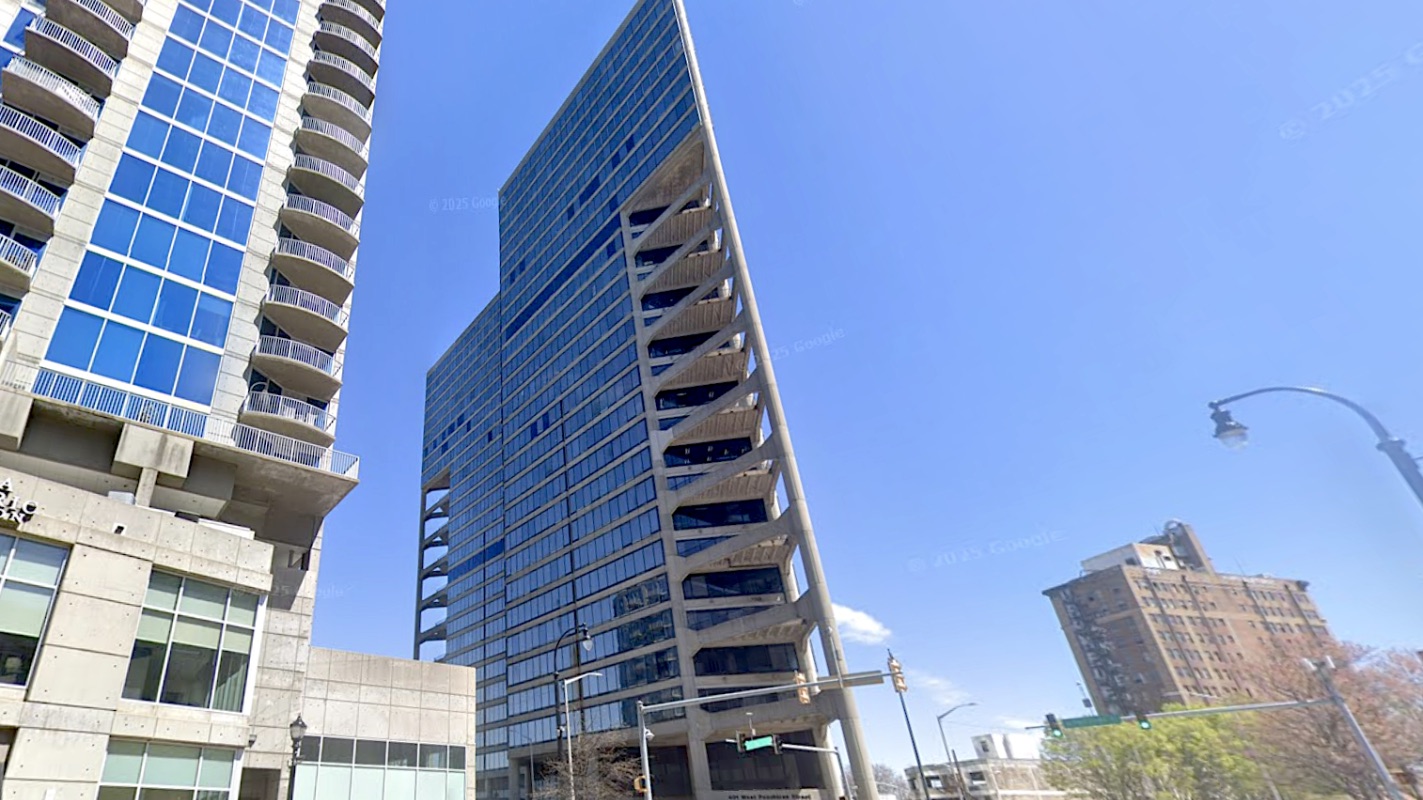 The triangular Peachtree Summit Federal Building at 401 West Peachtree Street
