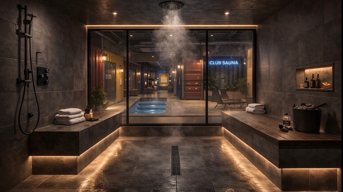 Interior concept for Quench Tubs and Sauna, a shipping-container sauna and social club planned at 381 Venable St. NW near downtown Atlanta.