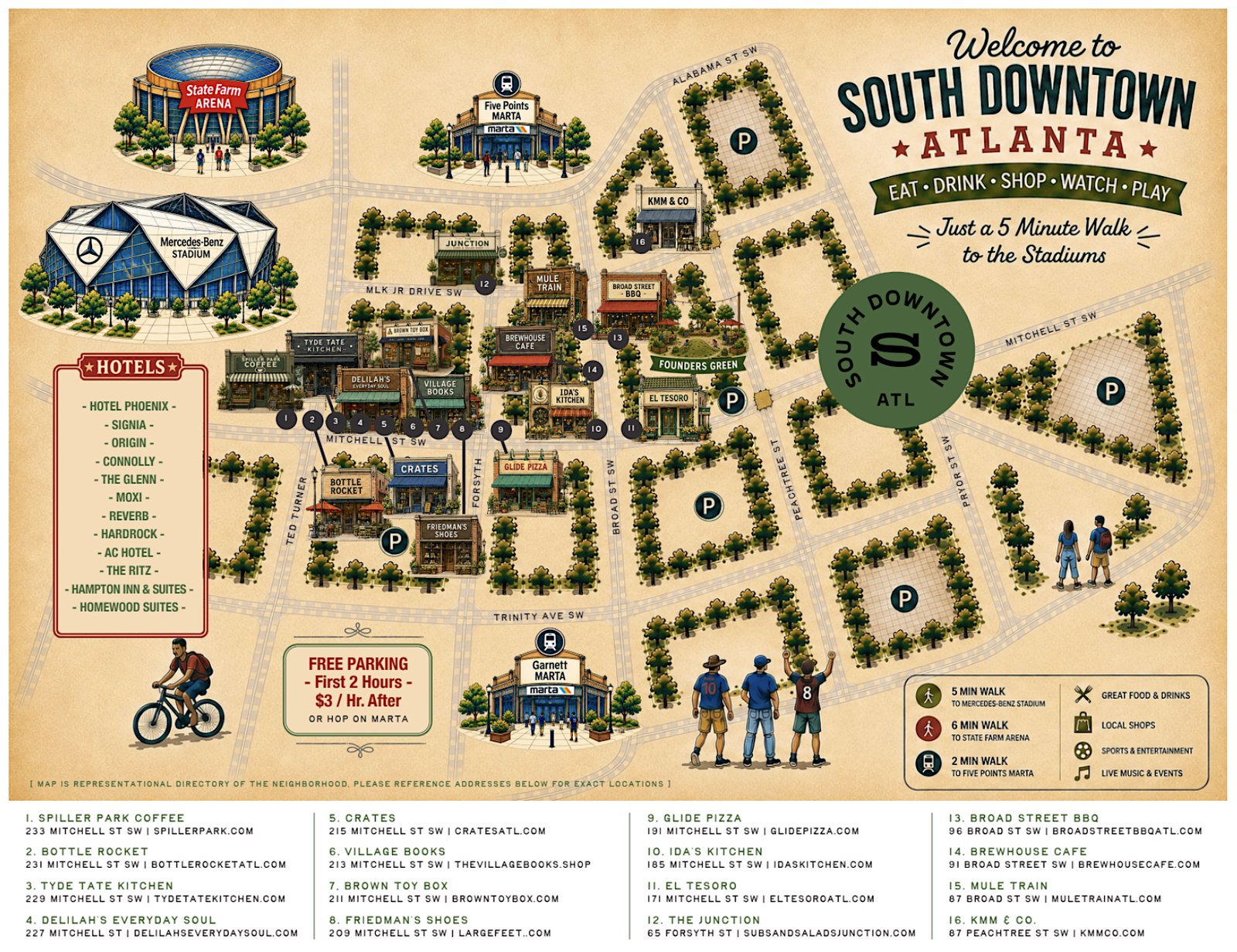 Illustrated South Downtown Atlanta tenant map showing district shops, restaurants, hotels, MARTA stations and nearby stadiums