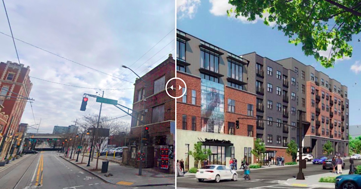 Before and after renderings of the Sweet Auburn Grande project on Auburn Avenue