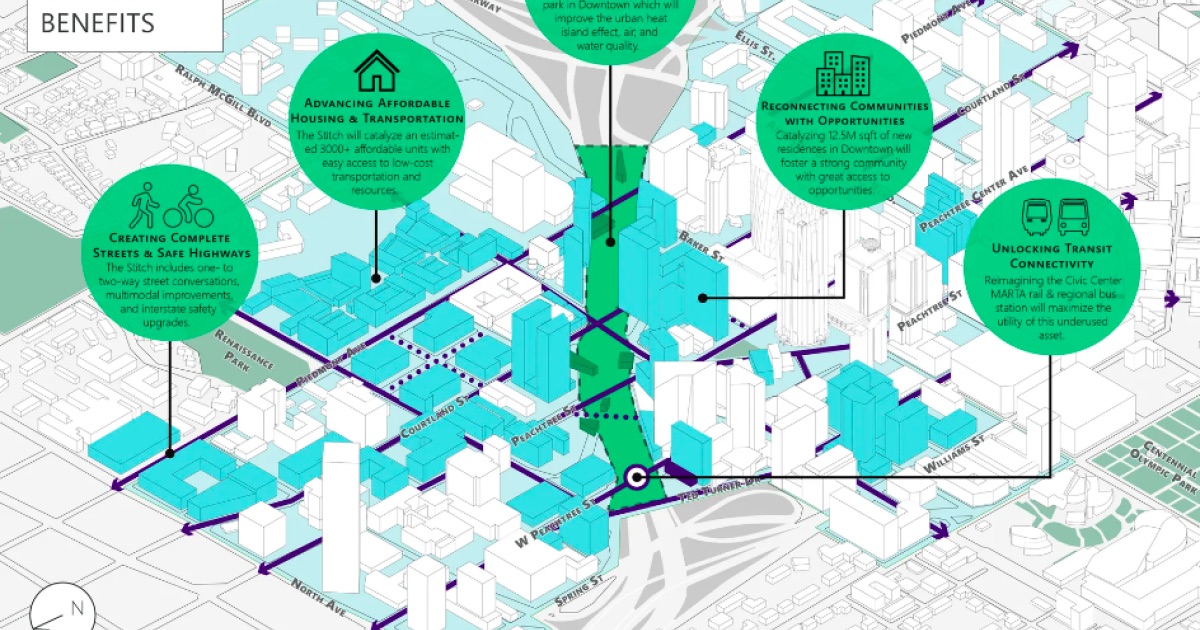 Rendering of the Stitch capping the Downtown Connector in Atlanta