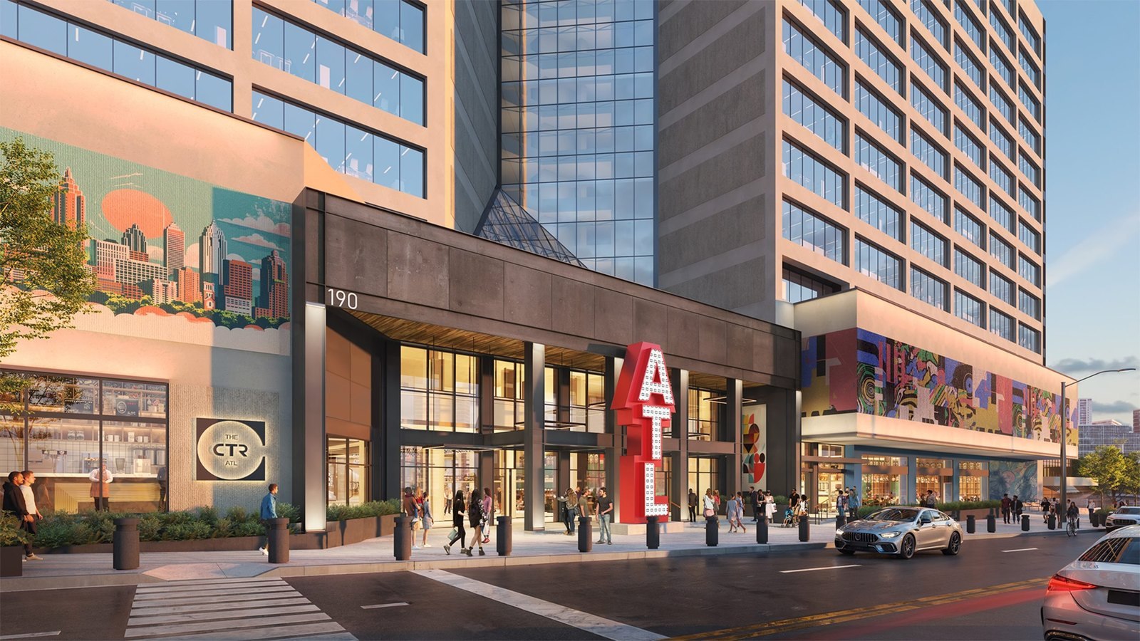 Rendering of the renovated exterior of The Center, the former CNN Center in Downtown Atlanta
