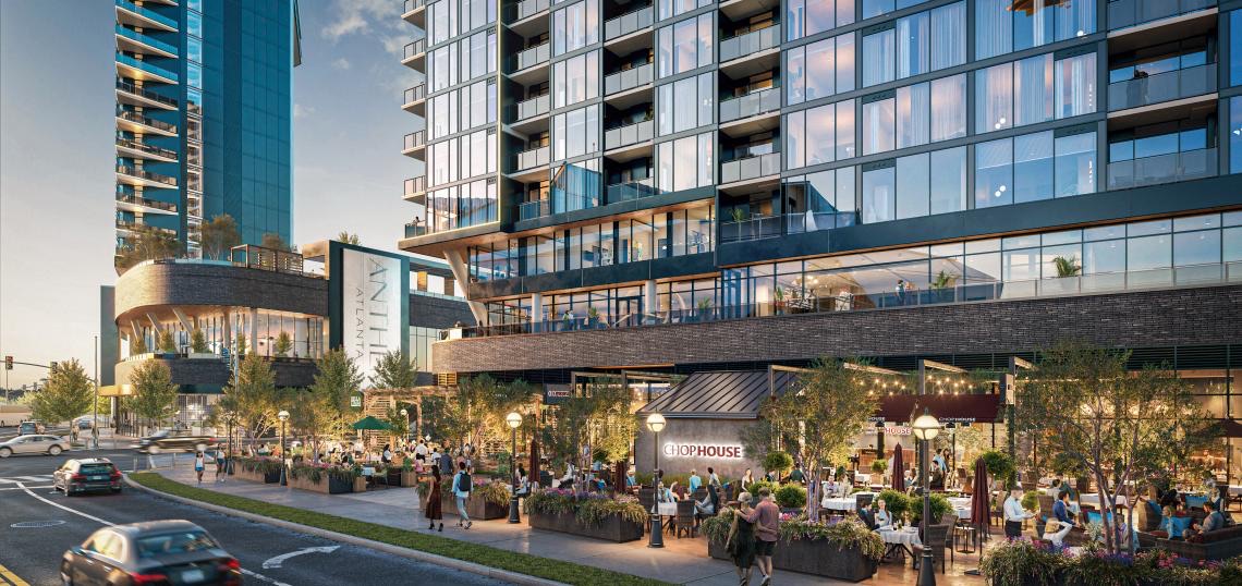 Rendering of The Mitchell apartment tower at Centennial Yards with the adjacent hotel