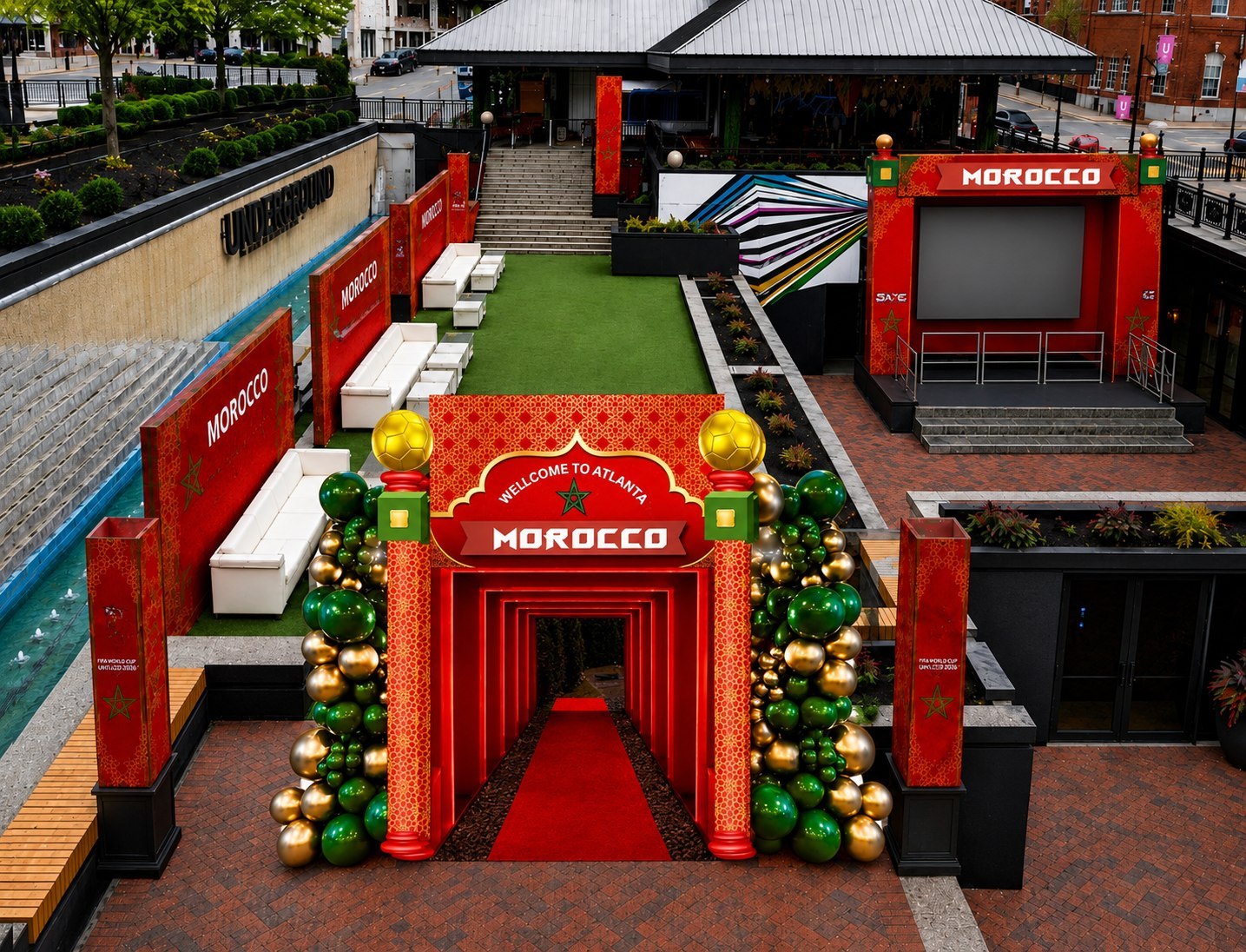 Moroccan-themed red carpet entrance and stage built for World Cup fan celebrations at Underground Atlanta