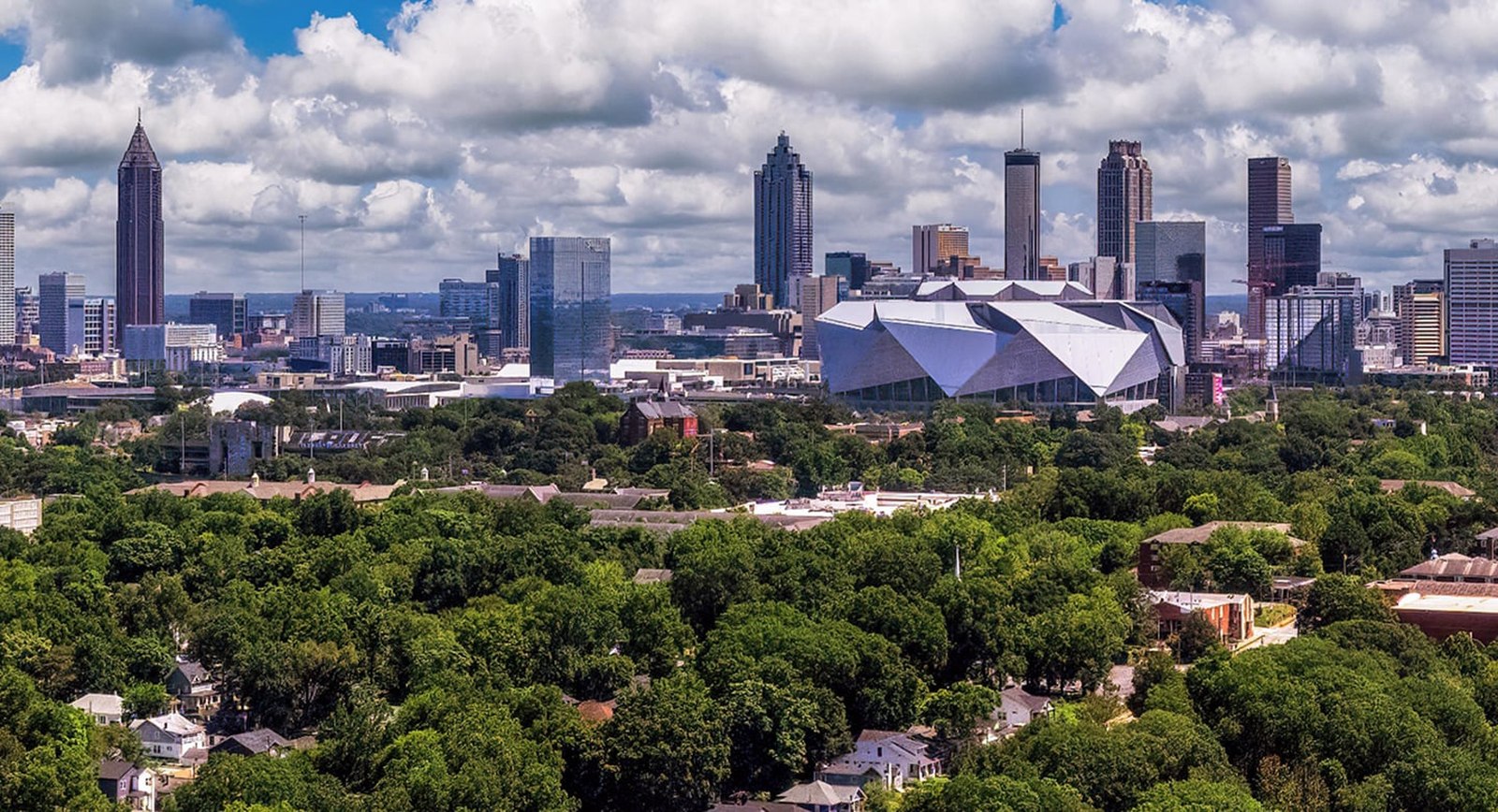 Aerial view of downtown Atlanta skyline and Mercedes-Benz Stadium