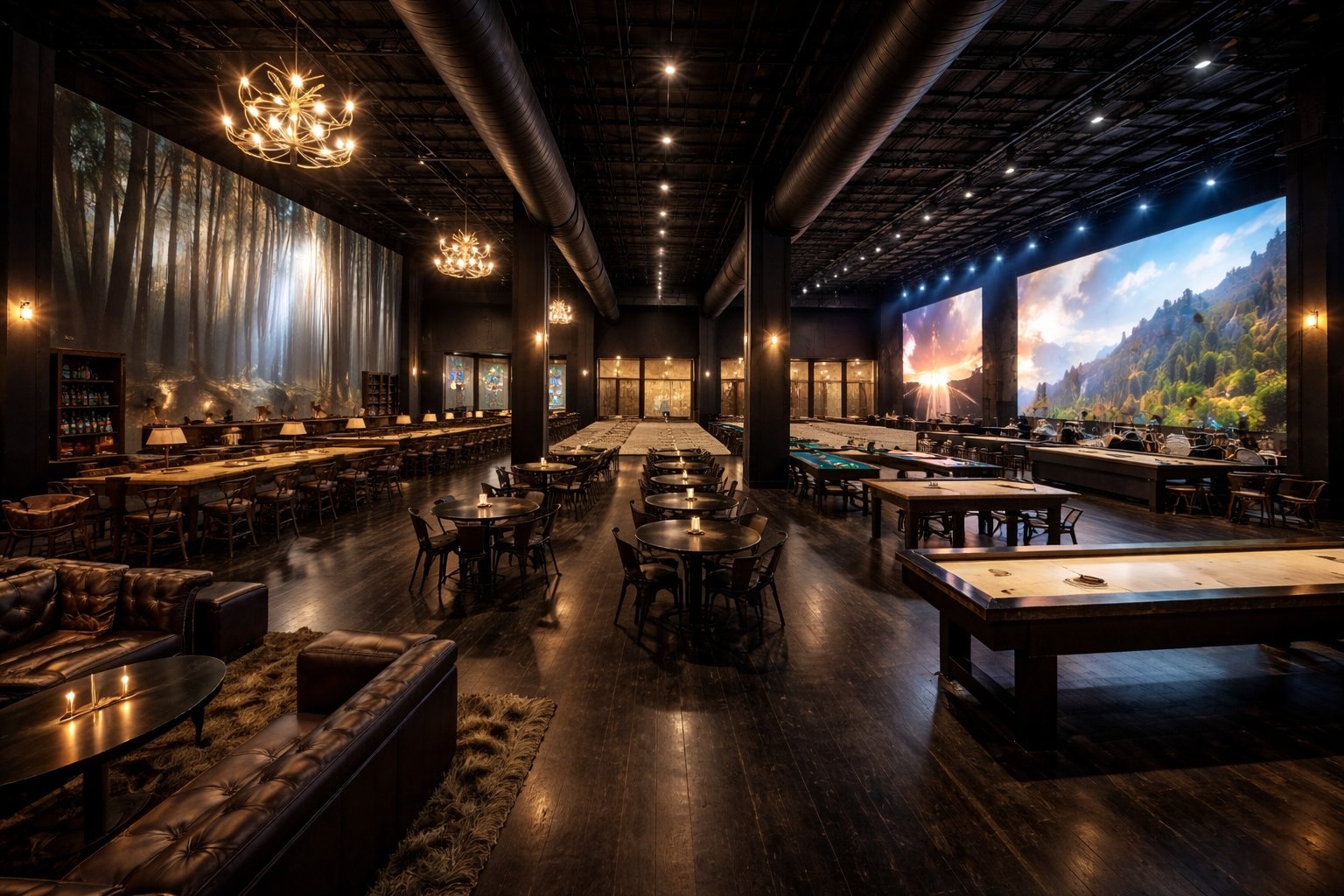 Rendering of the planned Valhalla Gaming Lounge at Skol Brewing with shuffleboard, pool tables, lounge seating, a bar and large LED murals