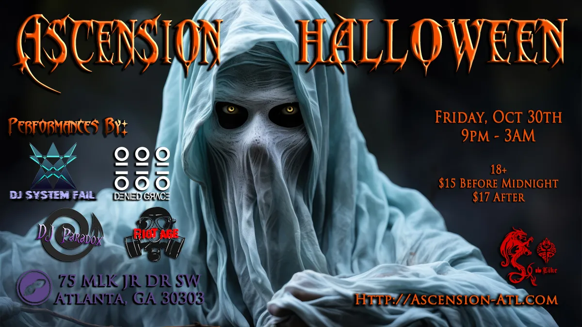 Ascension Halloween goth and industrial night promotional artwork in dark reds and blacks.