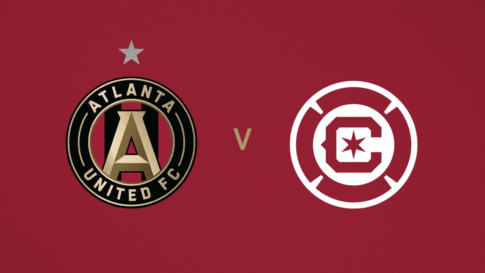 Official Atlanta United matchup graphic showing the Atlanta United FC and Chicago Fire FC club crests separated by a gold V on a crimson background, for the October 24, 2026 match at Mercedes-Benz Stadium.