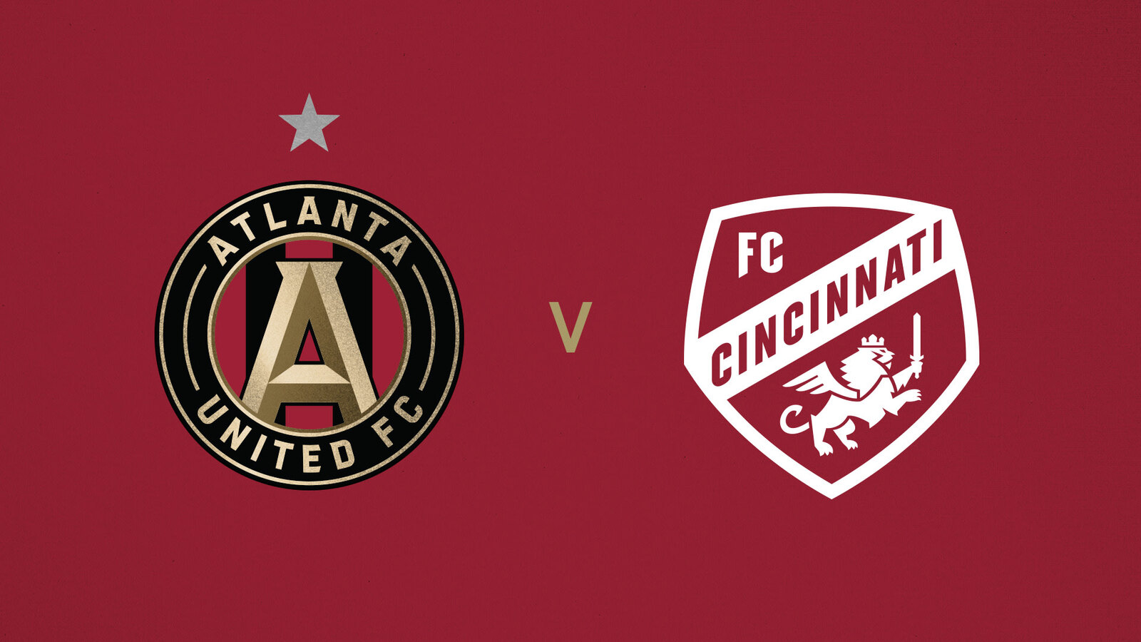 Official Atlanta United matchup graphic showing the Atlanta United FC and FC Cincinnati club crests separated by a gold V on a crimson background.